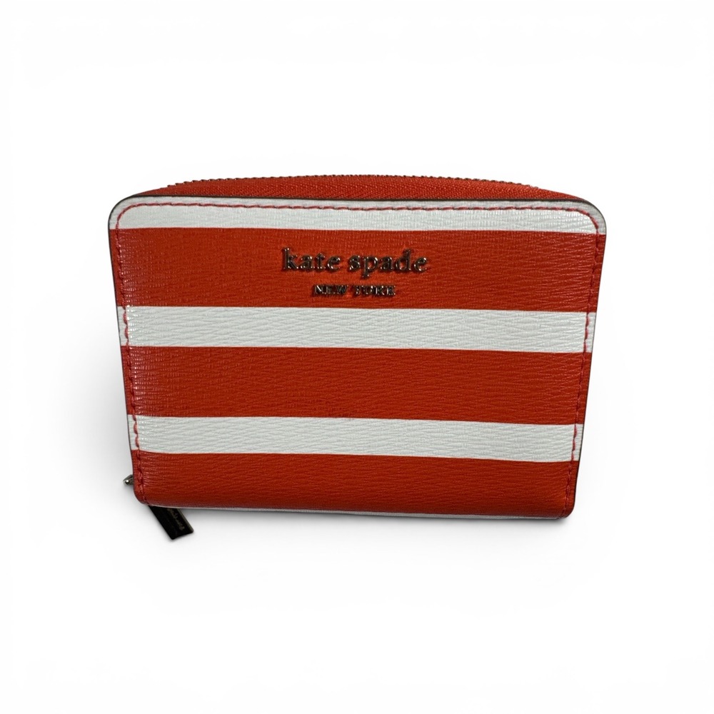 Kate Spade New York Orange White Stripe Zip Card Holder Coin Purse Wallet